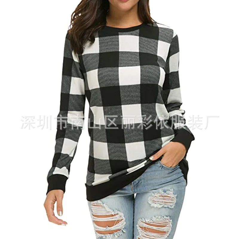 

New autumn long sleeve T-shirt women's Pullover printed Plaid women's top