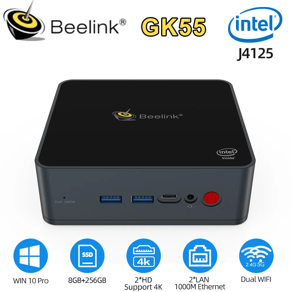 

Beelink GK55 мини-ПК Intel Celeron J4125 четырехъядерный DDR4 8 Гб 256 ГБ SSD Windows 10 Настольный компьютер с 2 * HD и 2*1000M LAN Двойной Wi-Fi