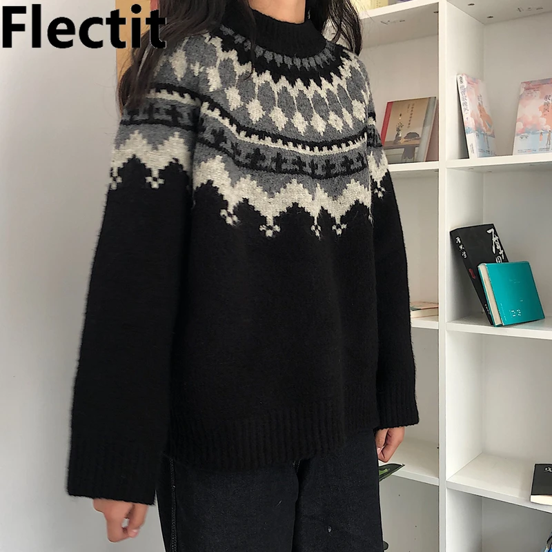 

Flectit Fair Isle Sweater For Women Long Sleeve Mock Neck Cozy Knit Autumn Winter Warm Pullover Tops *