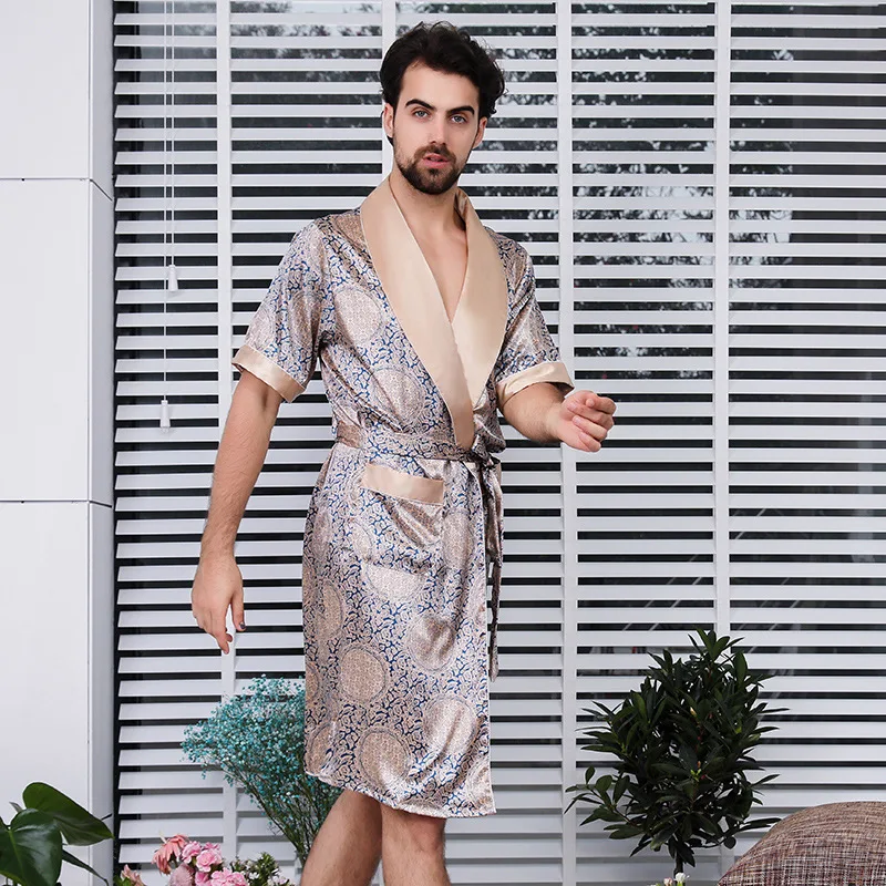 Bathro Robe for Men Robe Short Sleeve Sleepwear Imitate Silk Robe for Men Mens Kimono Robe Sets Long Silky Gown House Sleep Tops