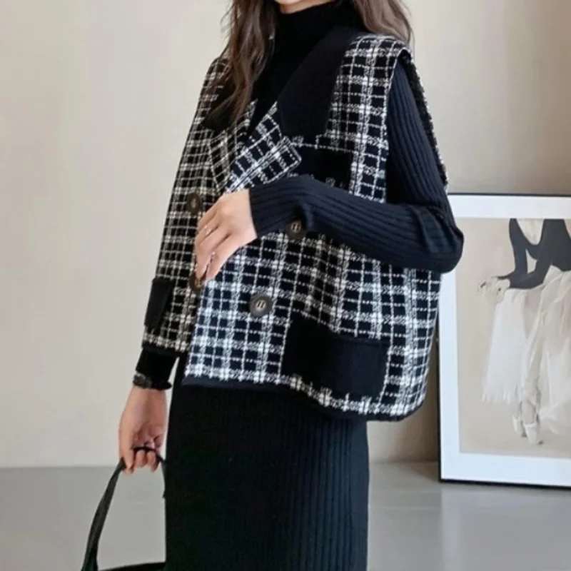 

WOMEN Suit Winter Knit 2 Piece Set Female Stand Collar Knitted Sweater Dress + Single Breasted Plaid Vest Suit Lady Elegant Set