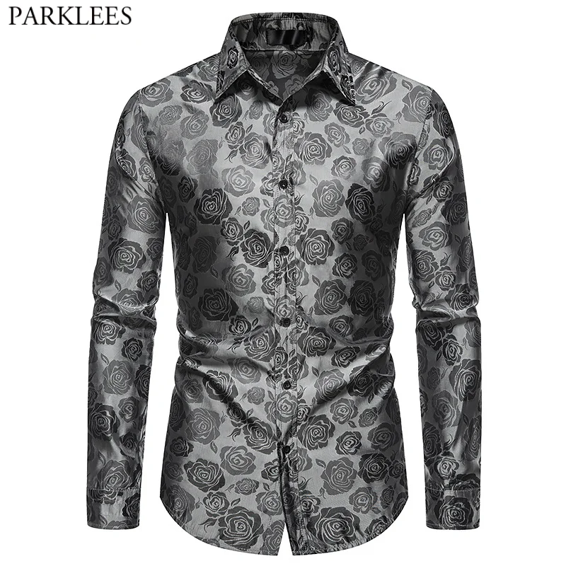 

2021 Stylish New Mens Floral Rose Printed Dress Shirts Long Sleeve Prom Wedding Party Button Down Top Blouse Chemise Homme 2XL