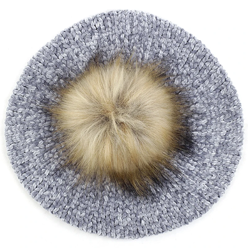 Light gray 16 Geebro, женские зимние теплые вязаные береты из синели с помпоном из искусственного меха, элегантные женские шапки, чепчик для девочки, простые шапки, берет - Цвет: Light gray 16