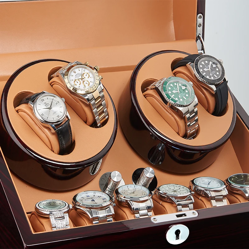 

JQUEEN AAA Quality Automatic Watch Winder Display Box 4+9 Storages Ebony Baking Finish Brown PU Leather Interior