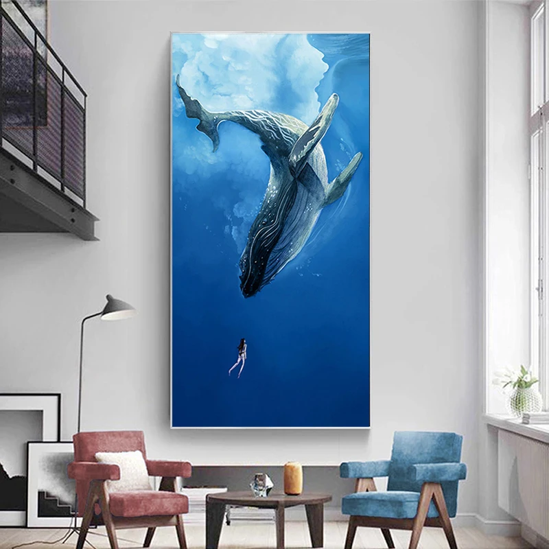 Абстрактная Современная Картина на холсте с изображением синего океана девочки