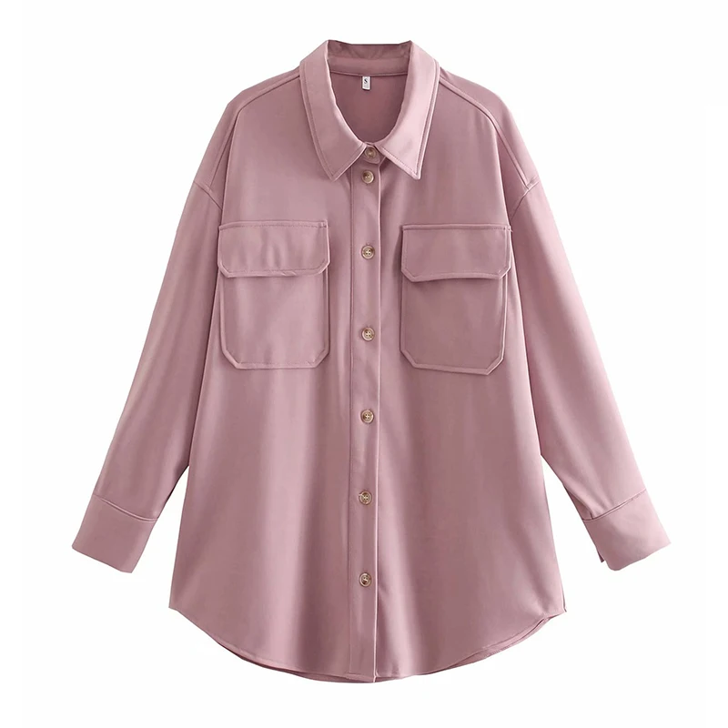 

2021 Summer Female Blouses Turn-down Collar Long-sleeved Pocket Casual Women's Solid Apricot Straight Mid-length Shirt Loose