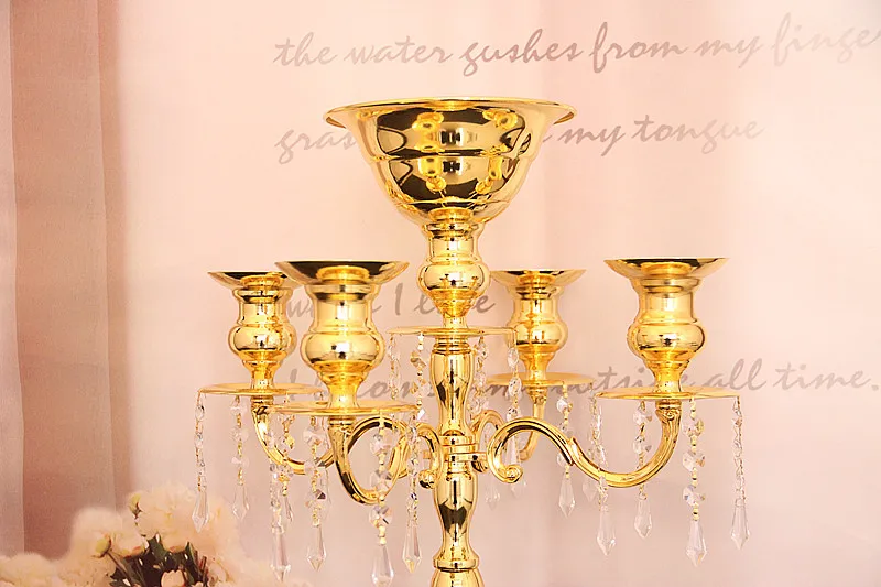 

Gold!H75cm * W48cm, gold 5 Heads Crystal Candelabra, Candle Holder, wedding Centerpiece, flower bowl Candle holder with pendants