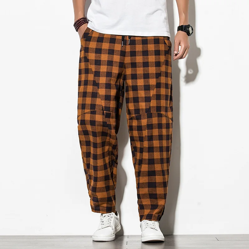 

Black Men Autumn Plaid Harem Pant Summer Loose Fashion Pantalones Plus Size Hip-Hop Trend Cotton and Linen Casual Trousers 5xl