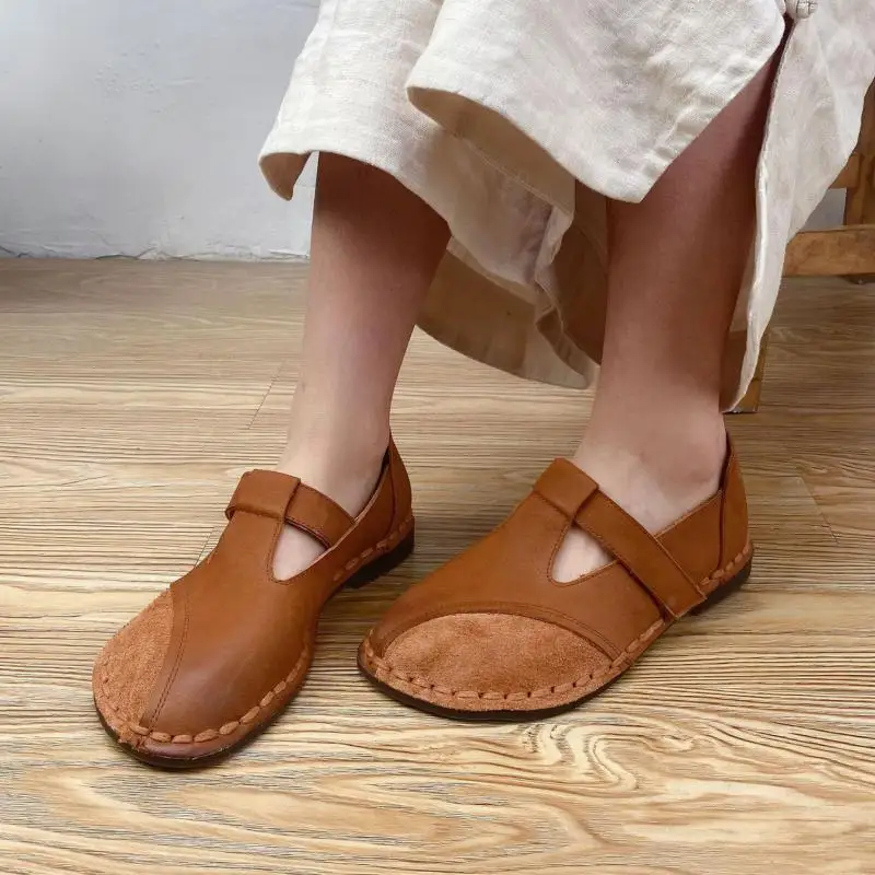 

Женские туфли на плоской платформе, из натуральной кожи, на липучке, ручная работа, в стиле ретро, весна-лето 2021