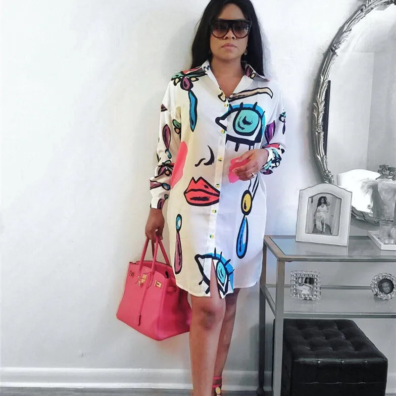 

Women Casual Printed Irregular Shirt Dress Summer Fashion Plus Size Printed Long Sleeve Mini Shirt Dress Women Plus Size