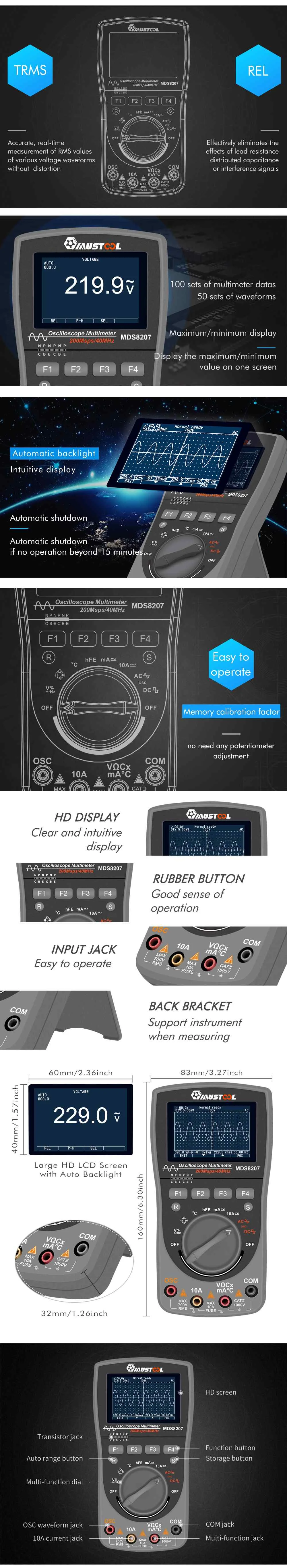 MUSTOOL MT8205 MT8206 MDS8207 MT108T MT110 2 в 1 цифровой Интеллектуальный Ручной осциллограф мультиметр AC/DC сопротивление