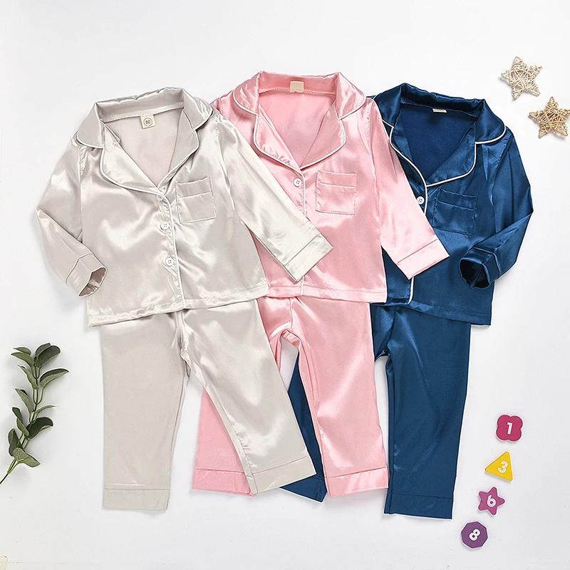 

Children's Clothing Kids Pajamas Silk Satin Tops Pants Autumn Winter Long Sleeve Sleepwear Nightwear Girl Boy Pajamas Sets