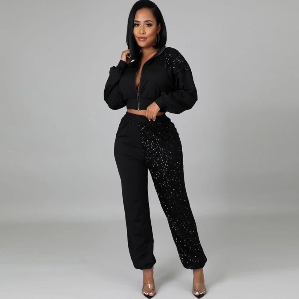 

Dashiki African Women Two Piece Set Outfits Spring Autumn Tracksuit Zipper Sequins Top And Pants Casual Sport Suit Winter Outfit
