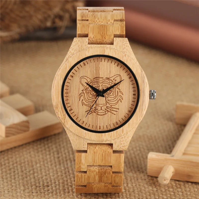 Модные изысканные деревянные мужские часы с изображением тигра и циферблатом, Спортивные кварцевые аналоговые часы, полностью деревянные ...