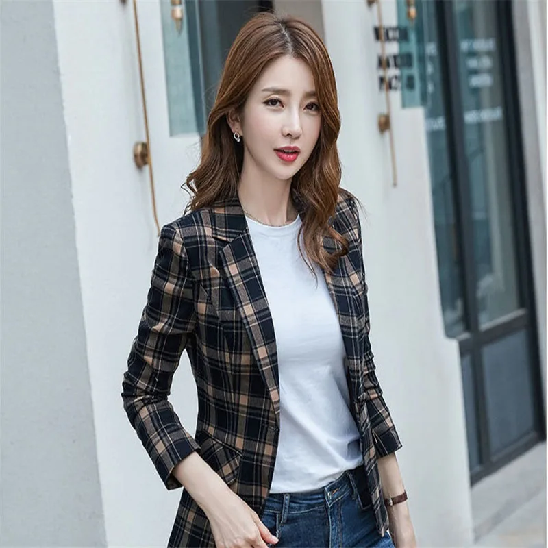 

Women 2021 Plaid Suit Jacket Small All-Match Age Reduction Tops Female Relf-Cultivation Temperament Spring Autumn Small Suits106