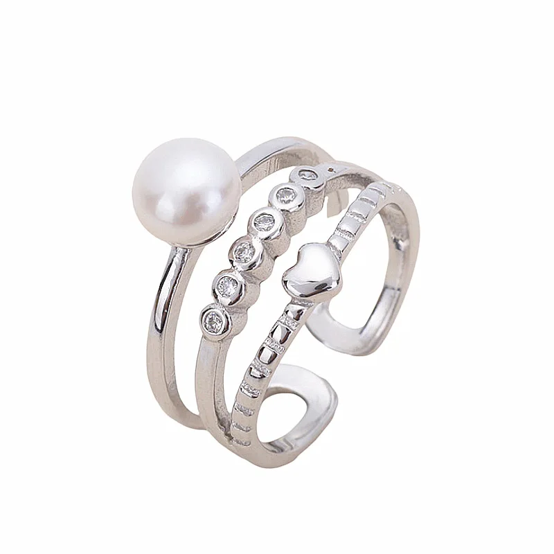 

S925 Simple silver opening adjustable ring female Korean ins wind personality freshwater pearl ring female