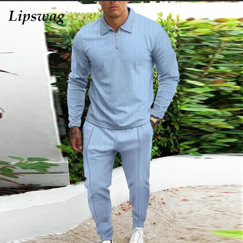 

Костюм спортивный мужской в полоску, Повседневный пуловер с длинным рукавом и отложным воротником и брюки, модный костюм из двух предметов, ...