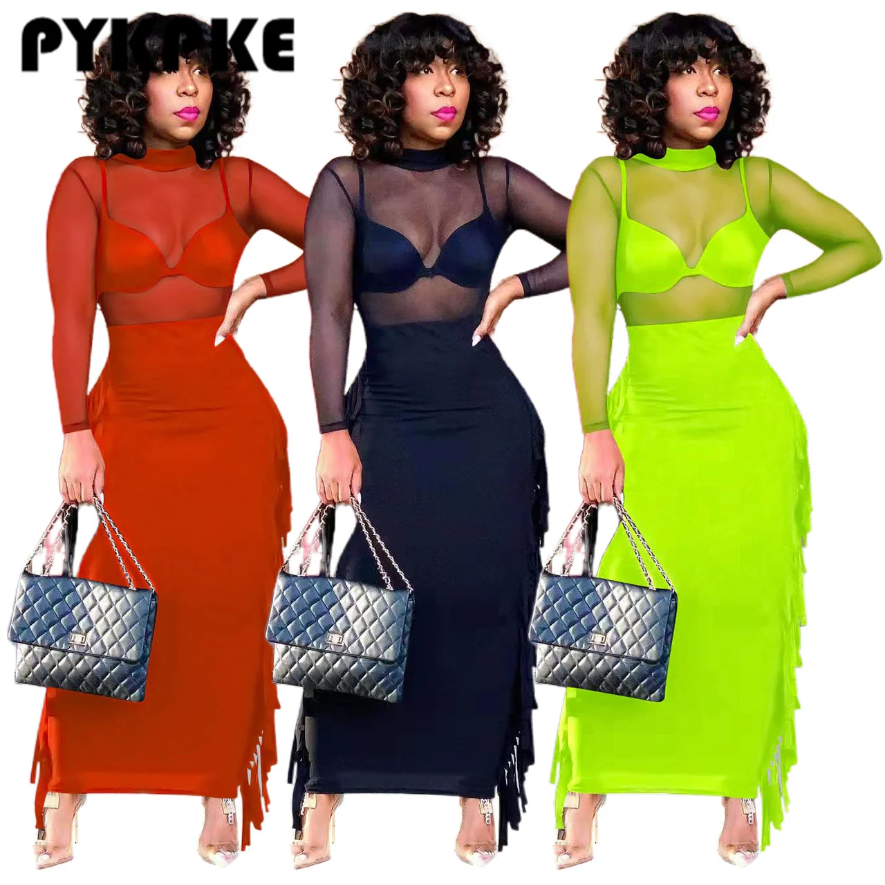

Women Two Piece Set Sexy Party Clubwear Long Sleeve See Through Mesh Shirt & Tassels Maxi Skirt Set