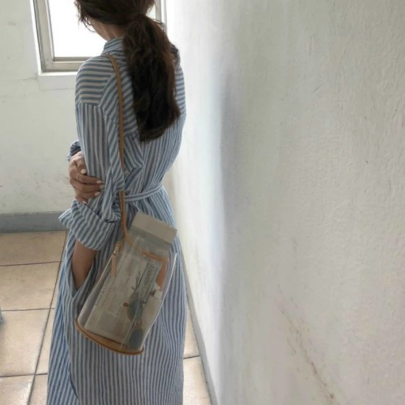 Женское длинное льняное платье рубашка в полоску с поясом|Женские платья| |