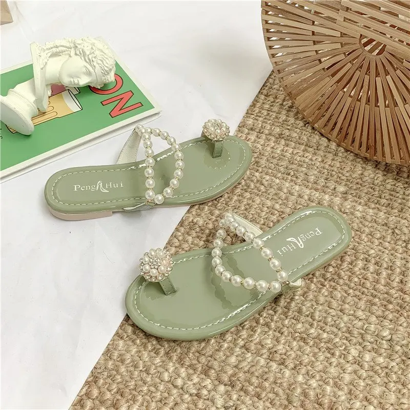 

Fashion women's slippers flip-flop sandals women's summer new pearl slip-on slippers casual wear British style all-match X736