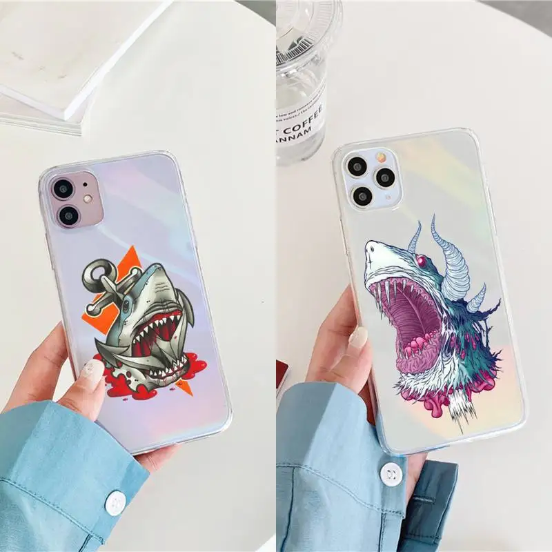 

shark Phone Case for iPhone huawei P 7 8 9 11 12 10 30 40 S X XS XR MINI Pro Max Plus laser Transparent Anime Cartoon Shell Capa
