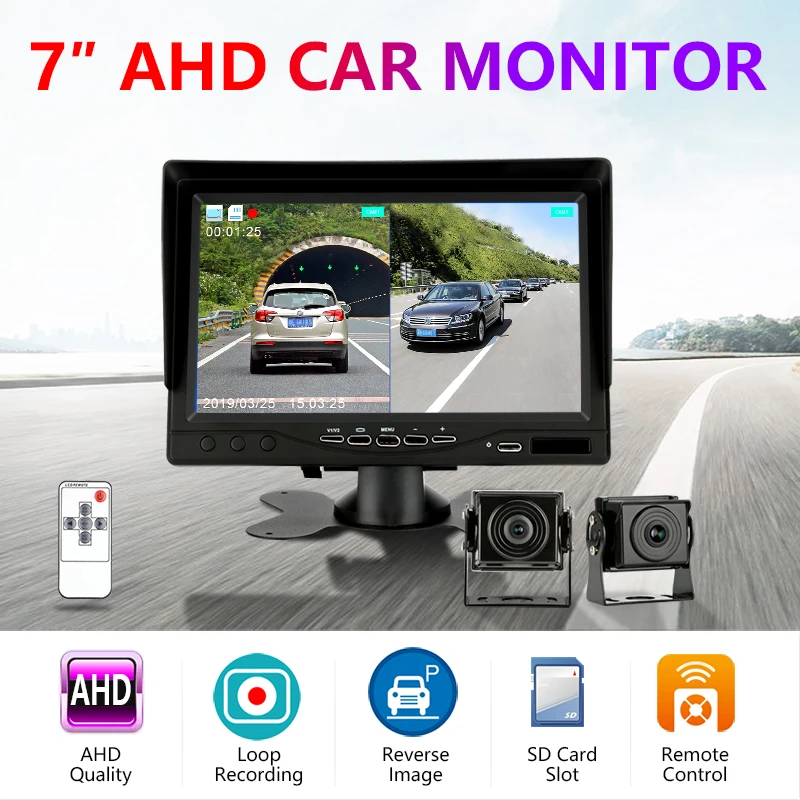 Vtopek 7inch High Definition Two Split AHD Car Monitor IPS LCD Screen 2CH with SD Recording Night Vision Sun Visor for Truck Bus |