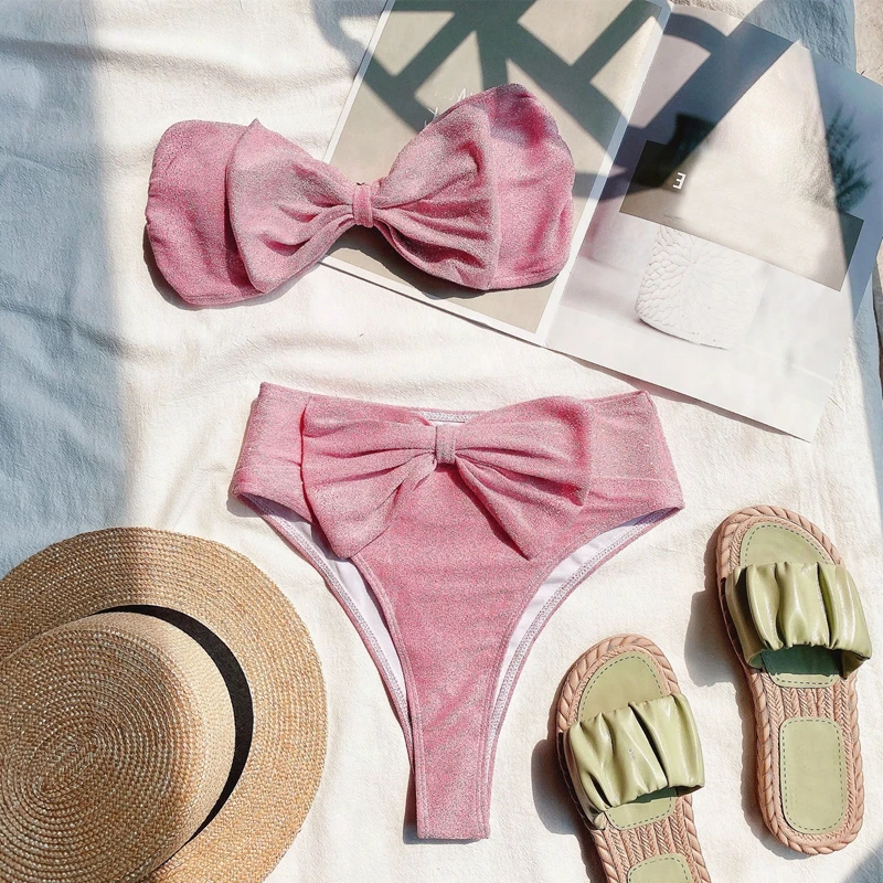 Бикини пуш ап женское без бретелек пикантный светло розовый купальный костюм с