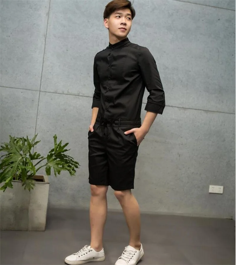 

summer Spring and new tide men's seven-point sleeves fashion casual one-piece overalls jumpsuit shorts hair stylist Slim suit