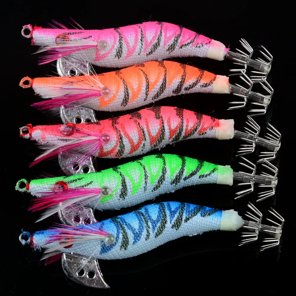 5Pcs 7.2g 8cm 5 Colors Squid Bait Wooden Shrimp Jig Hook Fishing Octopus Lures Cuttlefish Artificial Jigging Lure with Bag