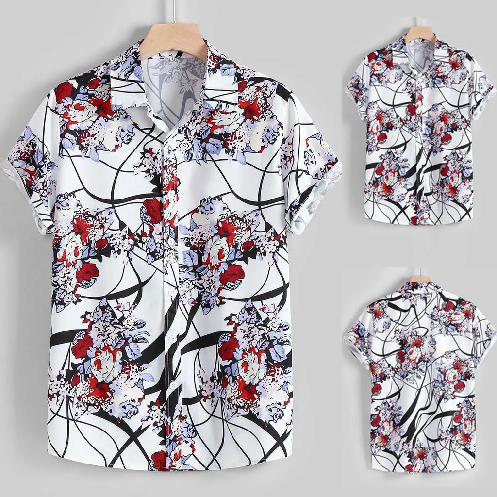 

Men's Summer Fashion Casual Lapel Pattern Print Short Sleeve Shirt Top Blouse Printed Floral Streetwear Blouse