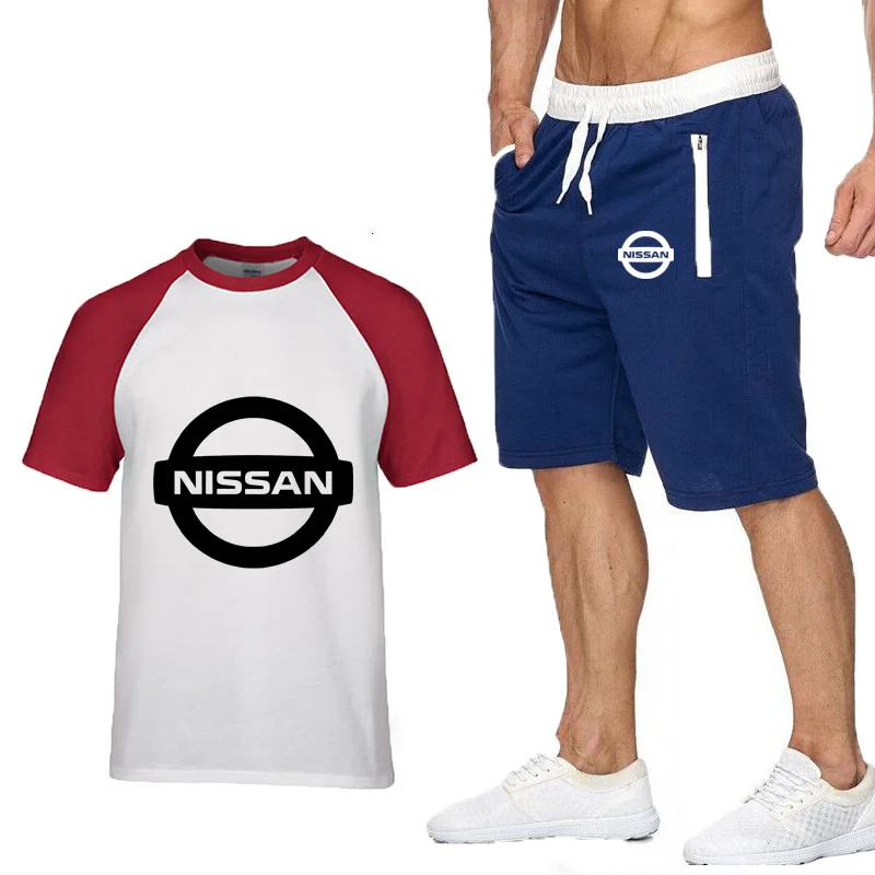 

Unisex Summer Mens T-Shirt Nissan Car Logo Casual Short sleeve Hip Hop Colorblock Cotton Men's T-shirt+shorts suit 2pcs