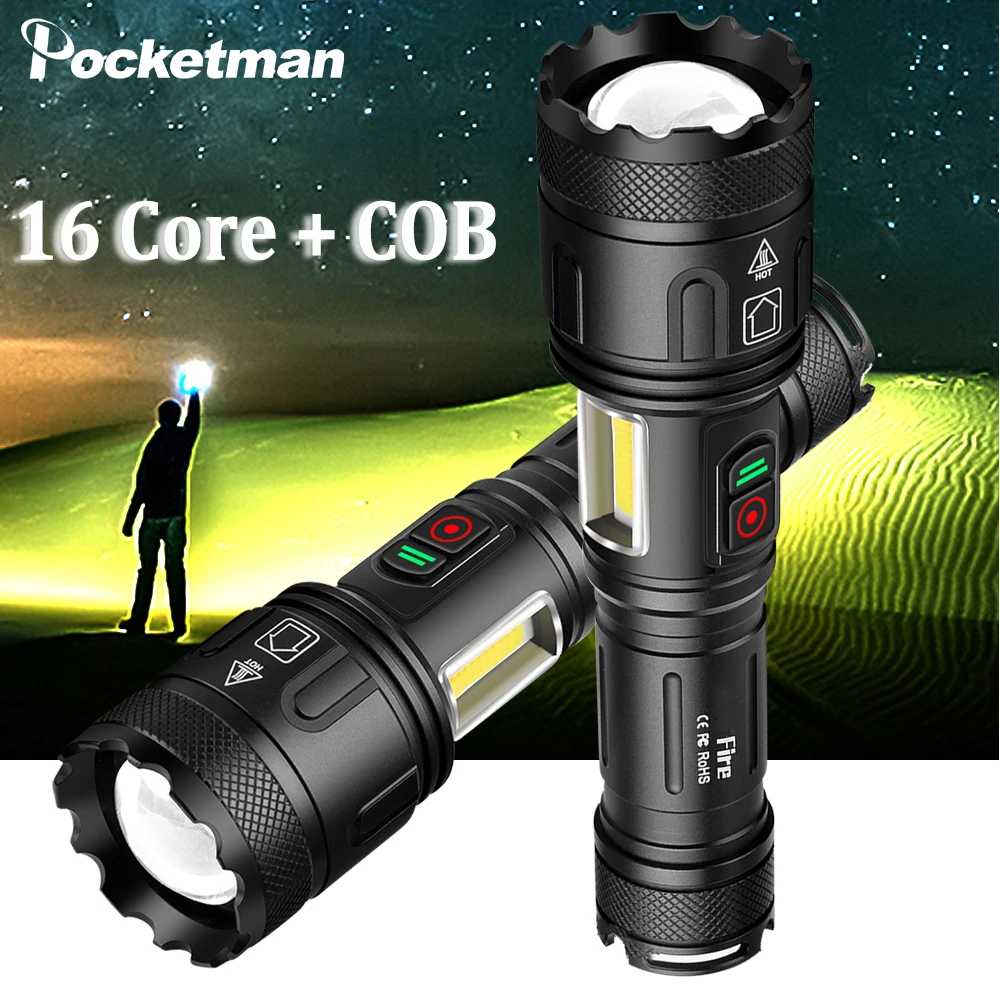 

New XHP160 16-Core+COB LED Flashlight Tactical Most Powerful Zoomable Torch USB Rechargeable hand Lamp Waterproof Work Light