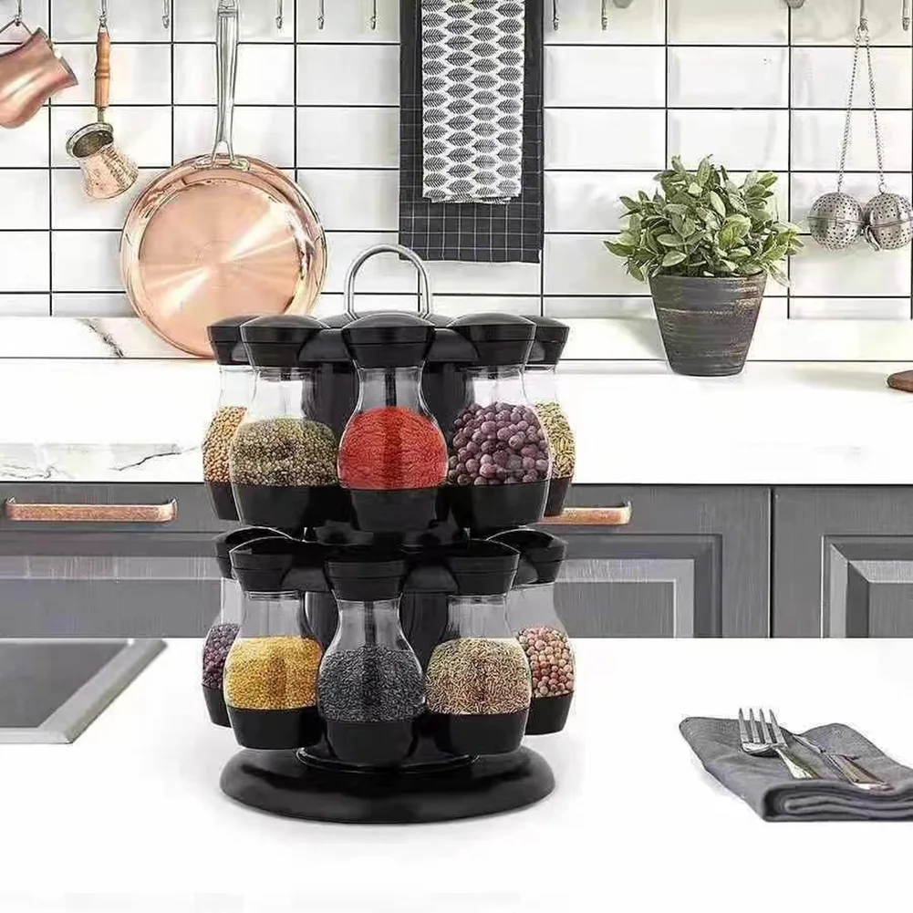 

Wholesale Rotating Spice Rack with Spice Jars Condiment Seasoning Jars Set for Salt Pepper Chili Spray Bottles Kitchen Organizer