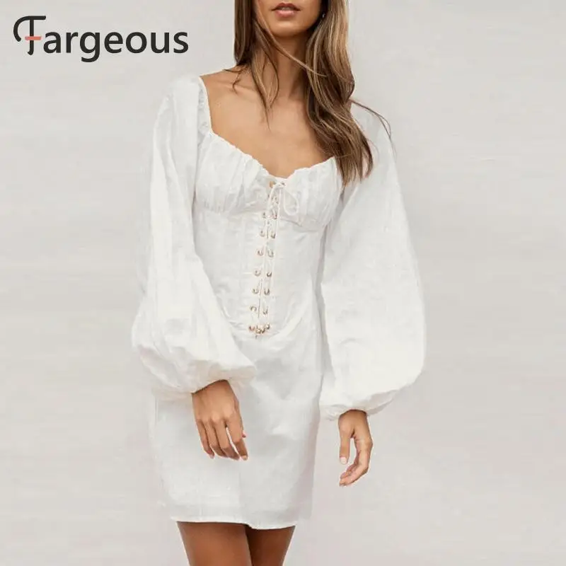 Fargeous винтажное белое Повседневное платье зимнее женское на шнуровке с рукавом