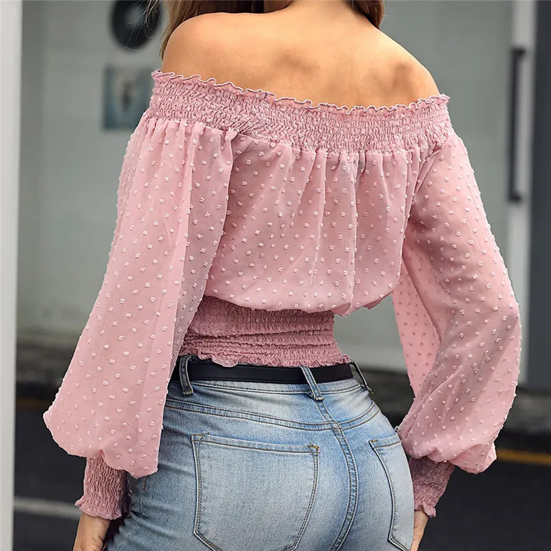 

Creative Autumn Chiffon Blouse Shirt Off Shoulder Crop Top Long Sleeve Ruffles Solid Sexy Fashion all-match Blouse