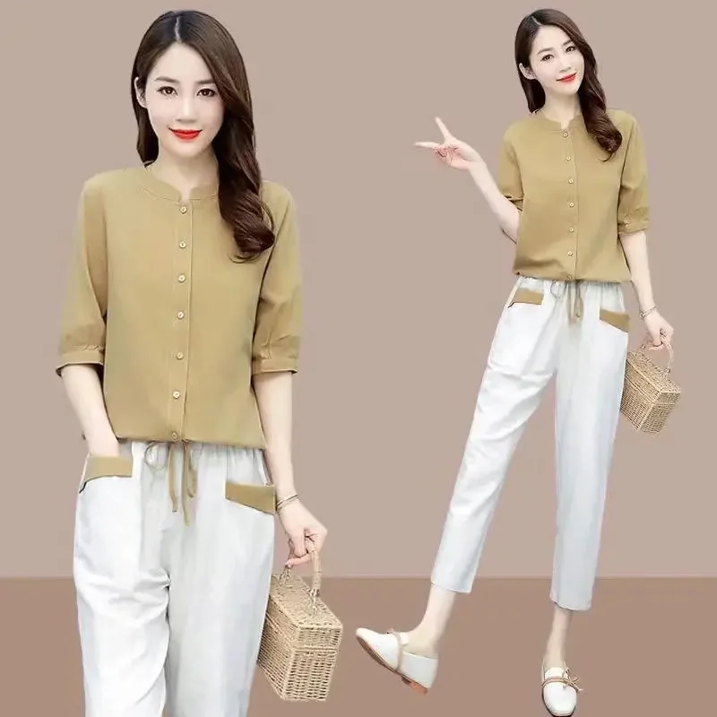 One-Piece/Suit Cotton Linen Women 2022 New Women's Short-Sleeved Shirt Nine-Point Pants Two-Piece Female Top Set  L658