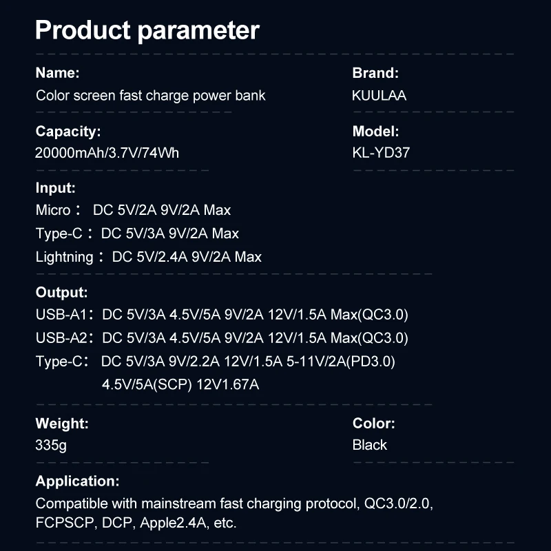 

KUULAA Digital Display Power Bank 20000mAh QC PD 3.0 PoverBank Fast Charging PowerBank 20000 mAh USB External Battery Charger