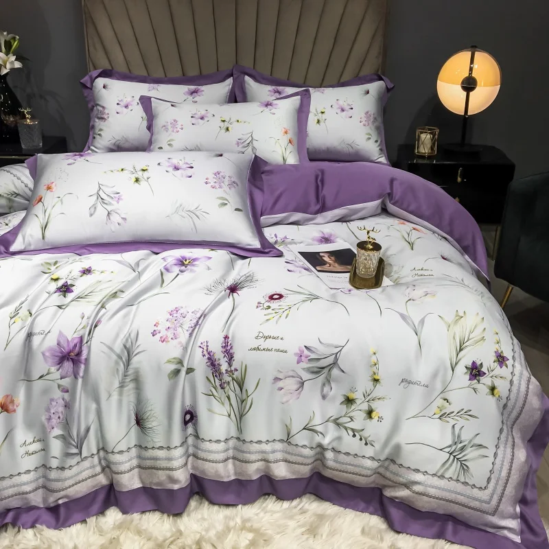 

Роскошное фиолетовое 100S Тенсел шелка с цветочным принтом, очень мягкий и дышащий Постельное белье двуспальное постельное белье простыня, н...