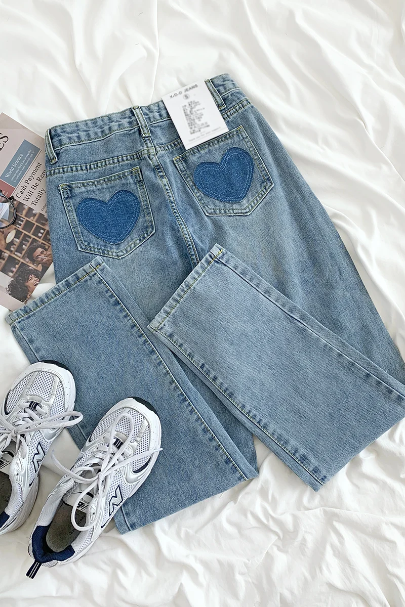 

Kawaii Winter Women Jeans Wide Leg Love Stick Pocket High Waist Loose Thin Spring Wash Blue Straight Jeans