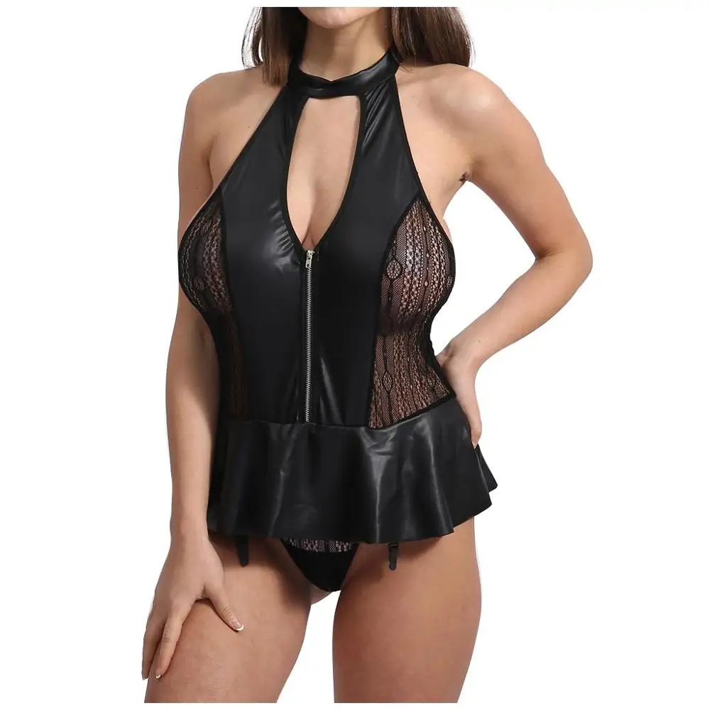 Размера плюс сексуальное кожаное женское нижнее белье кружевное Babydoll платье