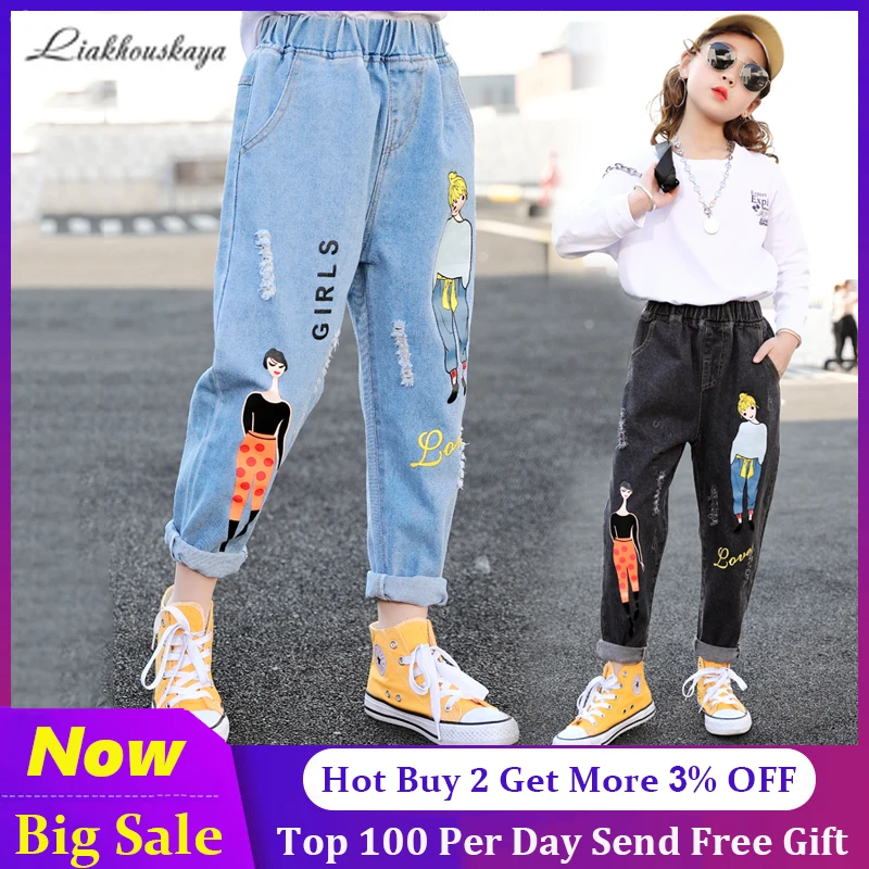 

110-160cm Spring Fashion Children Ripped Jeans Kids Jeans Girls Jeans Elastic Waist Denim Pants For Teen Girl Jeans Kids Clothes