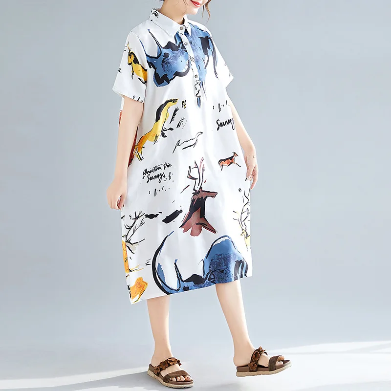 Painted Summer Dresses Women Retro Literary Abstract Printed Turn-Down Collar Loose Female Casual Mid-Calf Clothing Wild Fashion | Женская