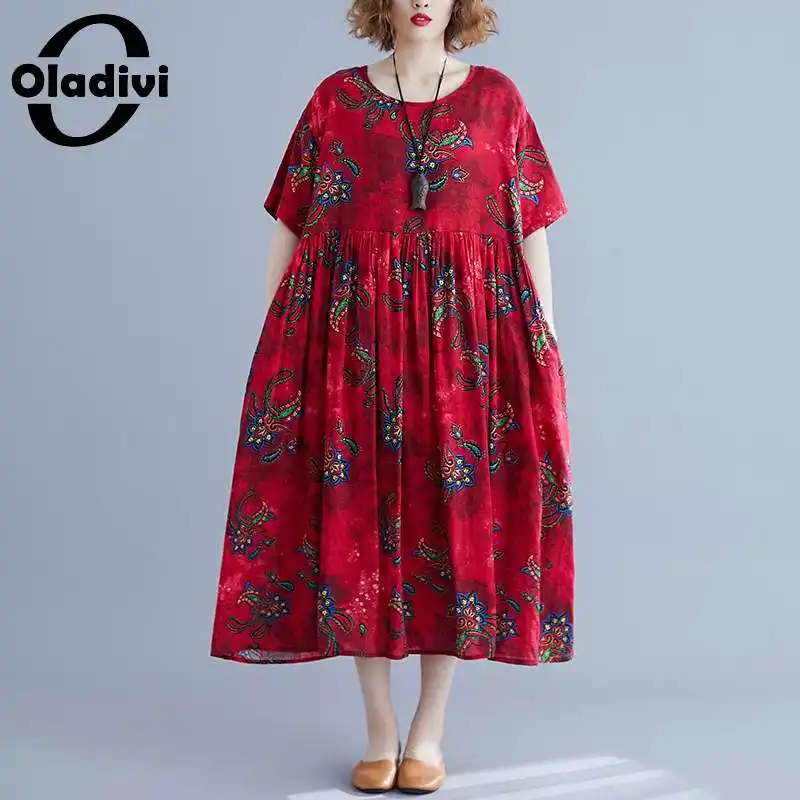 Oladivi размера плюс из хлопка и льна с принтом летнее пляжное платье в стиле бохо 4XL