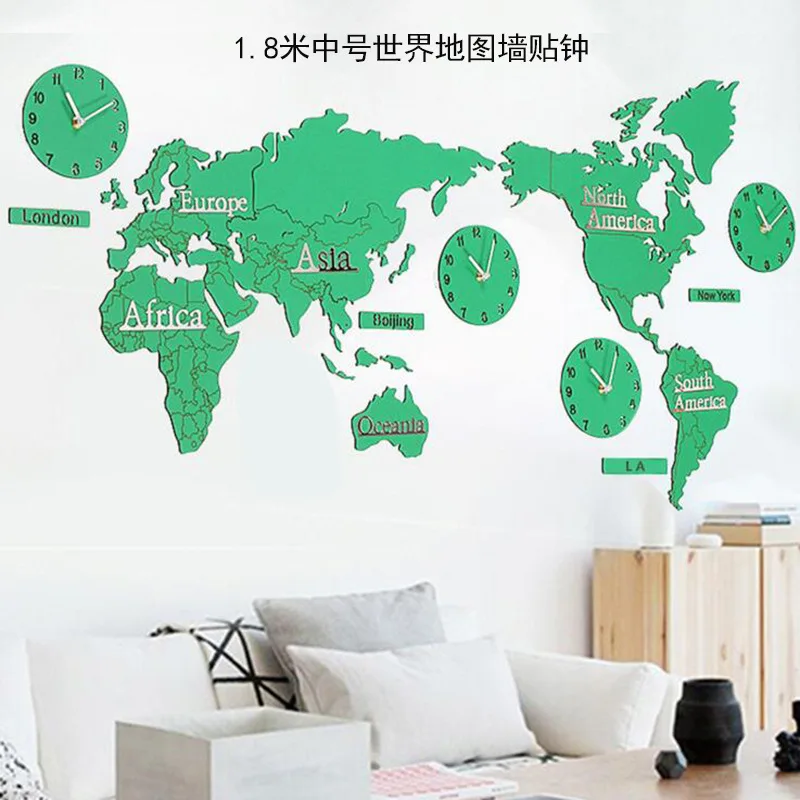 Большие настенные часы деревянные креативные с картой мира самоклеящиеся