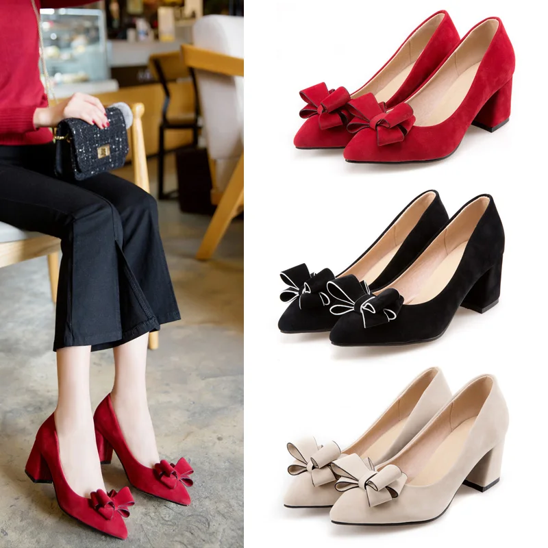 Туфли-лодочки женские с бантом флоковые на высоком блочном каблуке 6 см