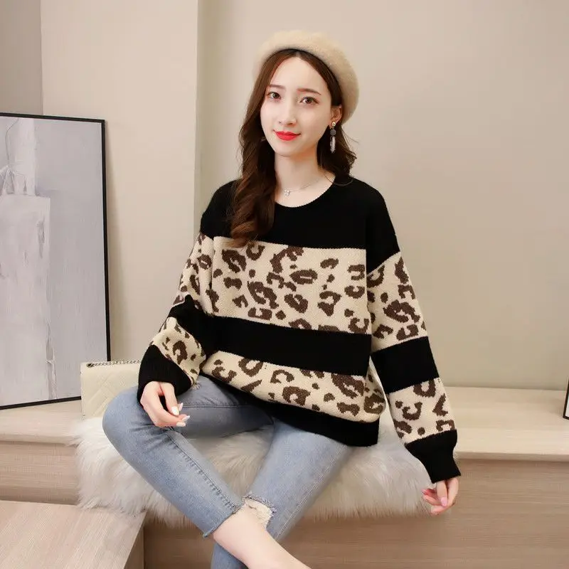 

Leopard Stripes Vintage Sweater Women Long Sleeve Knitting Fashion Tortoise Black Pullover Sweaters Autumn Winter 2021