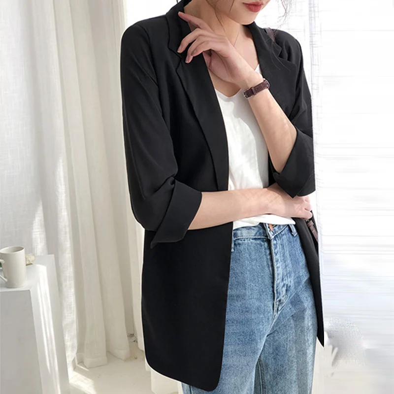 

Three Quarter Sleeve Hem Split Women LightWeight Suit Solid Slim Female Suits 2021 Summer Autumn Fashion Ladies Tops Clothes