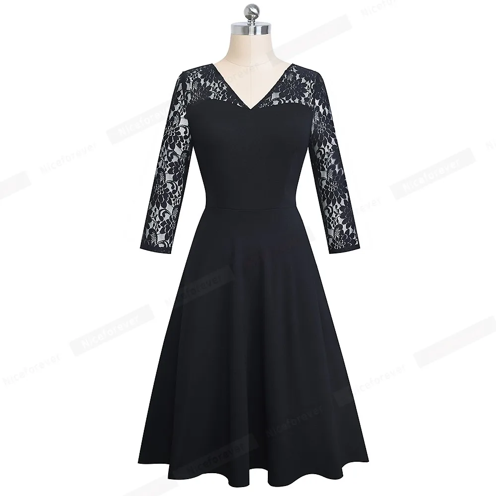 Хороший-forever сексуальный пэтчворк с цветочным кружевом черный vestidos деловые вечерние осенние элегантные расклешенные женские платья A167