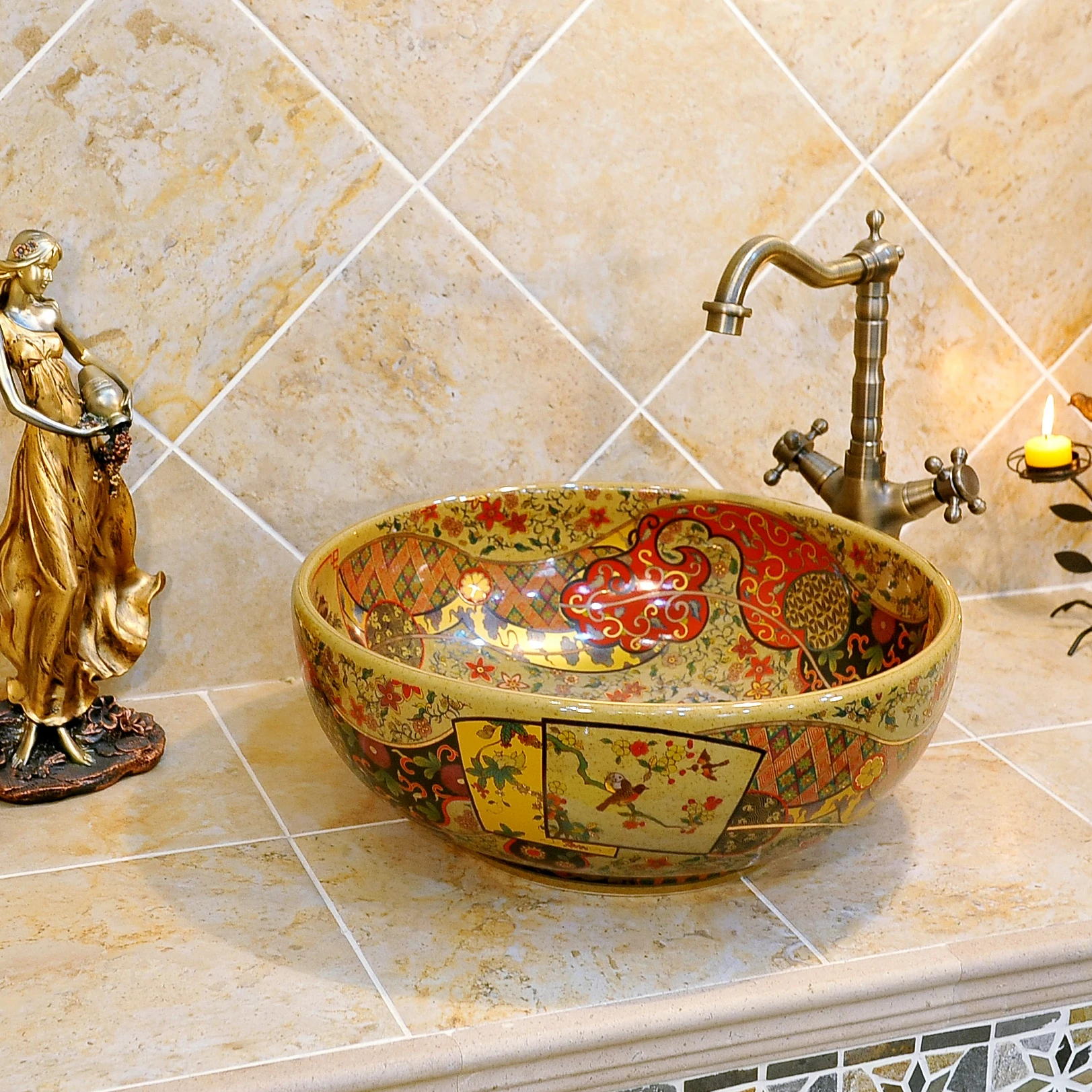 

Luxury Retro European Style Ceramic Porcelain Countertop Wash Bowl Vanity Top Basin Bathroom Vessel Sink