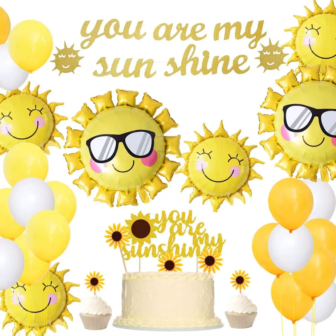 

You Are My Sunshine Birthday Party Decoration for Girls Baby Shower Party Supplies with Smiley Sun Balloon Sunflower Cake Topper